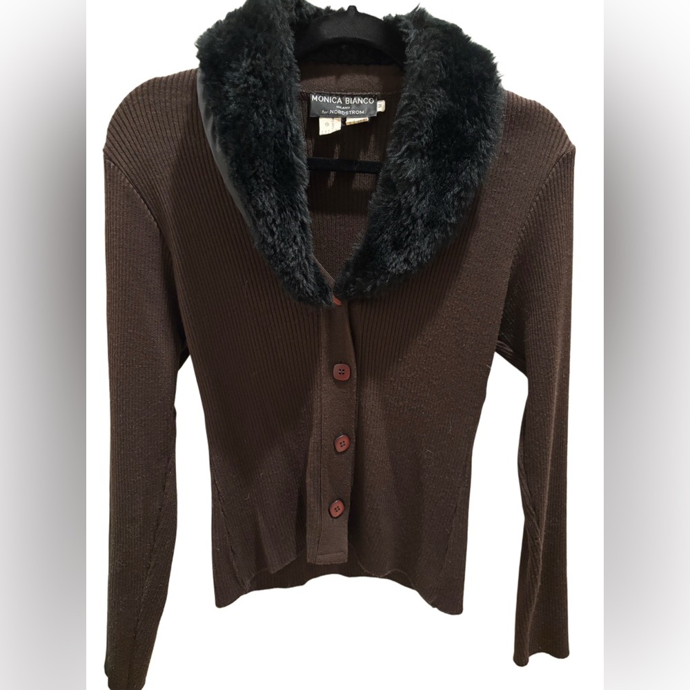 Monica Biano Milano ribbed brown cardigan faux fur size s
